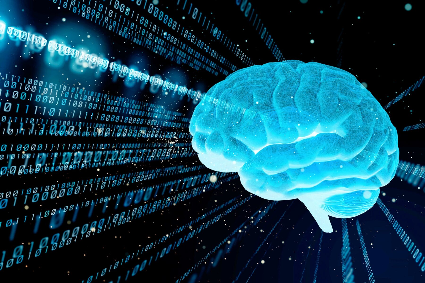 KI-Digitale-Tranformation-Automatisierung-1029147438 Ein Gehirn was in der Matrix schwebt und die Künstliche-Intelligenz repräsentiert